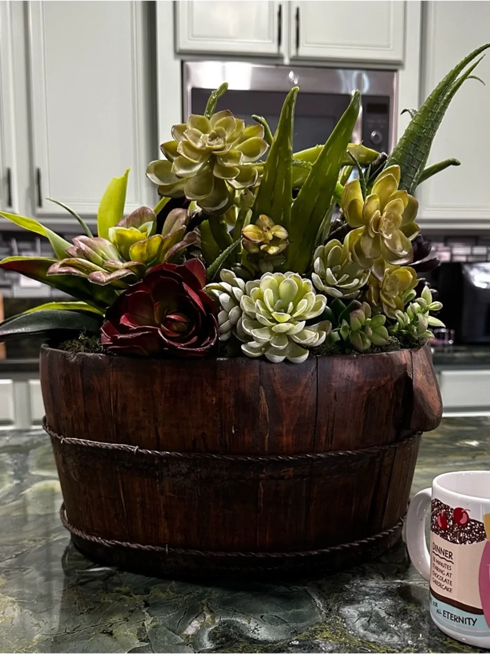 Succulent Barrel Arrangement -Green & Red Large rustic wood barrel planter 15x16